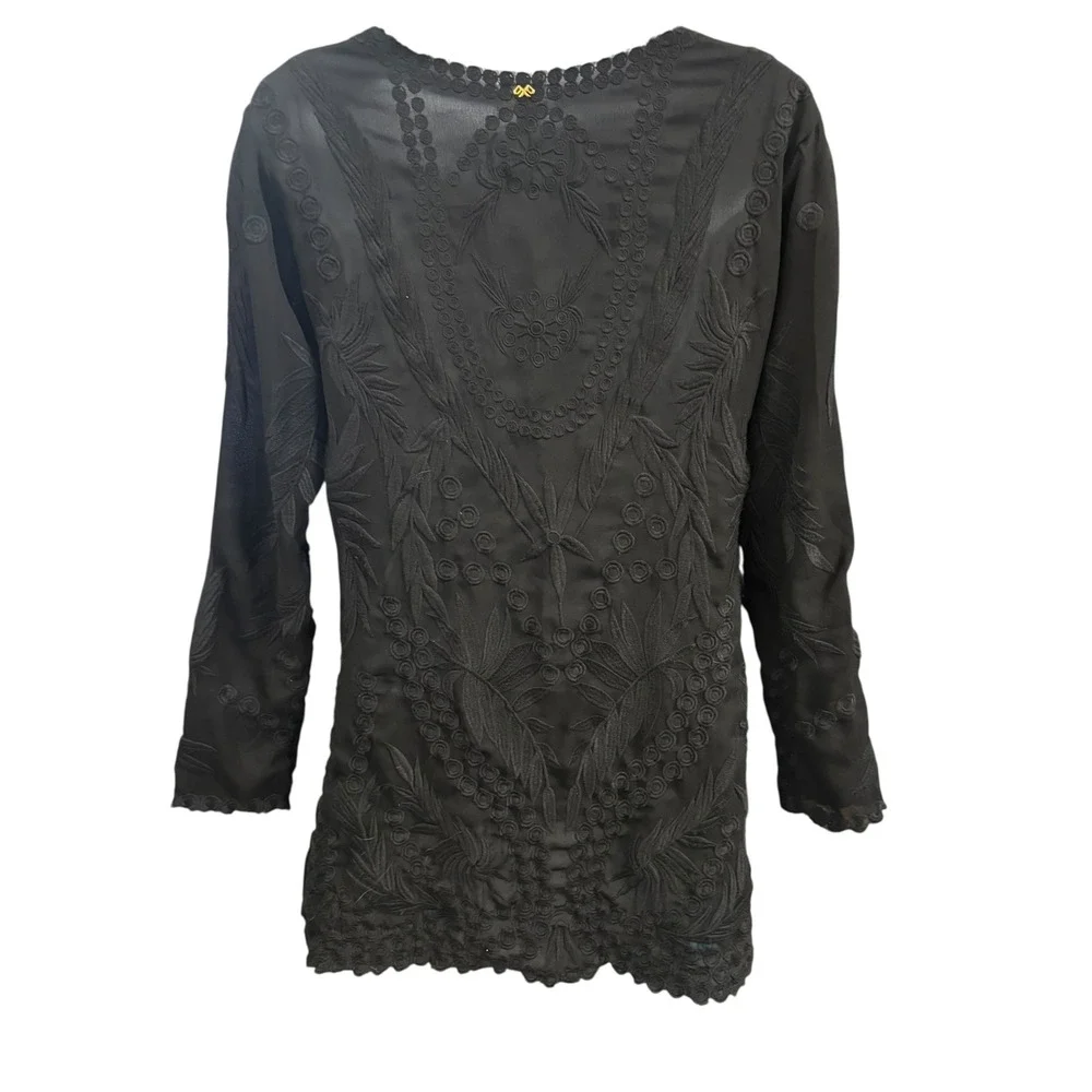 Pilyq Barcelona Anthro Embroidered Tunic Dress Long Sleeve Black Sundress XS/S